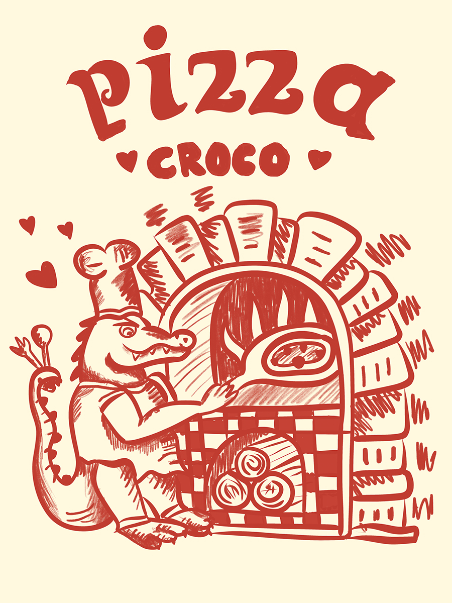 Illustration eines Krokodils, das eine Pizza in einem Steinofen backt, mit dem Text "Pizza Croco" darüber.