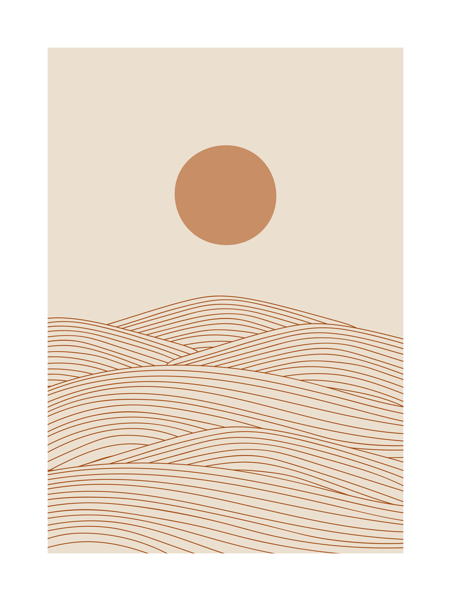 Grafische Illustration einer Wüstenlandschaft mit beiger Sonne und beigem Hintergrund.