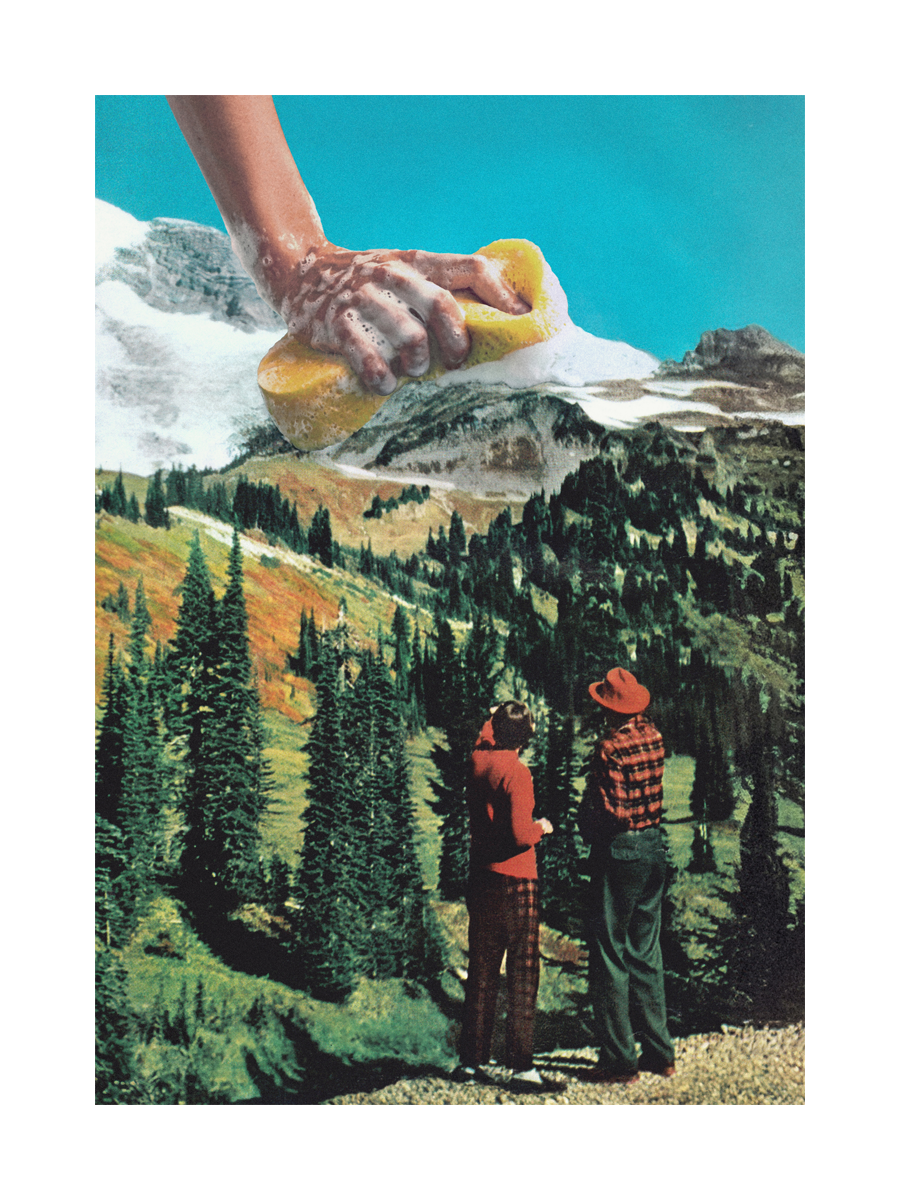 Poster mit einer Hand, die einen Berg mit einem Schwamm reinigt, während zwei Menschen zuschauen.