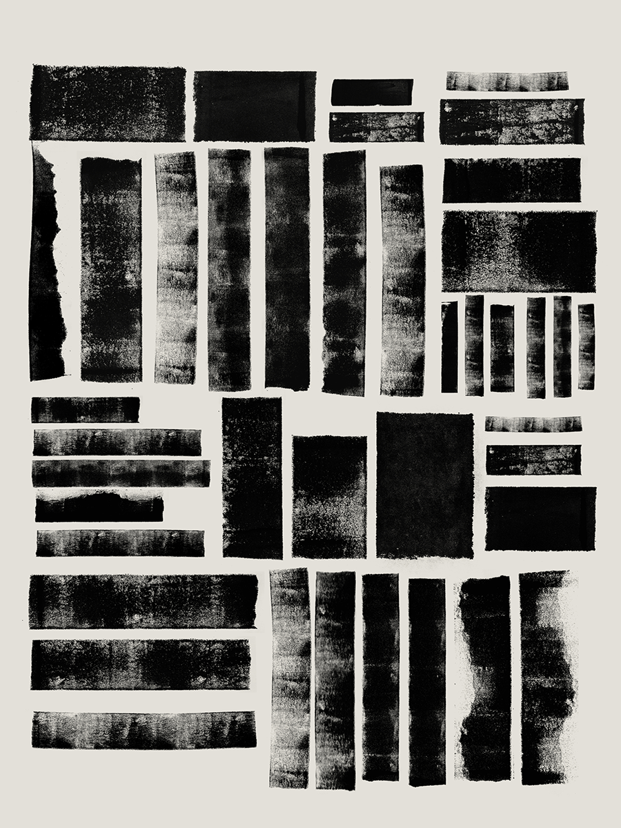 Abstrakte Komposition aus schwarzen Formen auf hellgrauem Hintergrund.