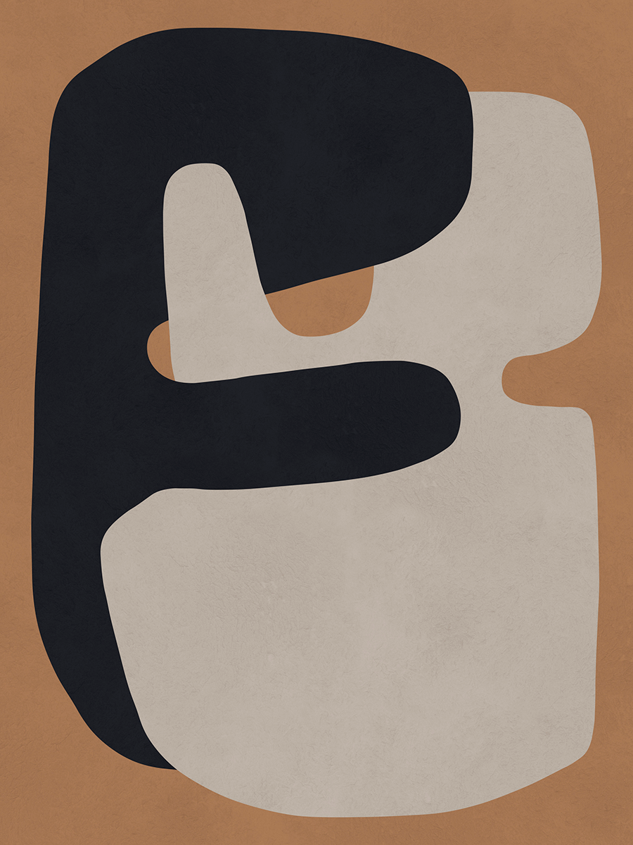 Grafische Illustration mit abstrakten Formen in Schwarz und Beige vor braunem Hintergrund.