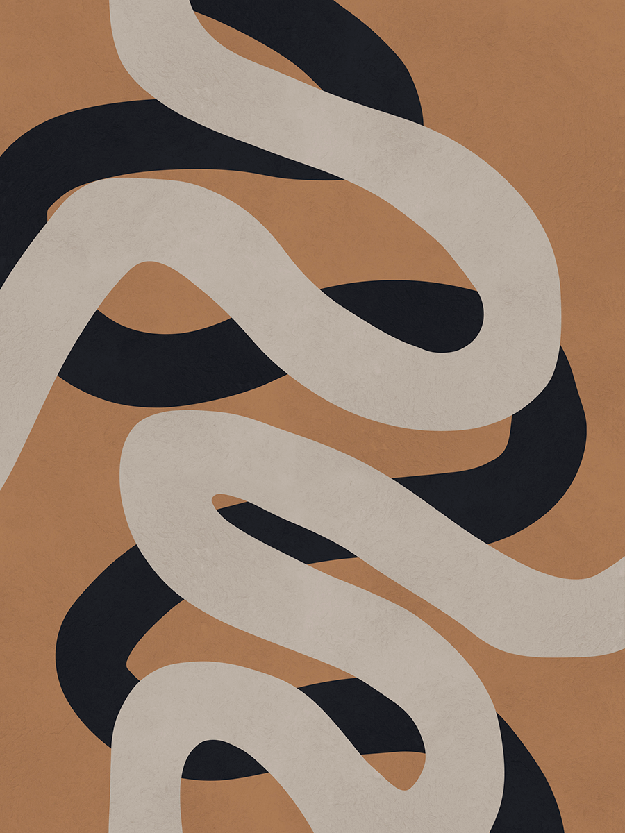 Grafische Illustration mit schwarzen und beigen Linien auf braunem Hintergrund.