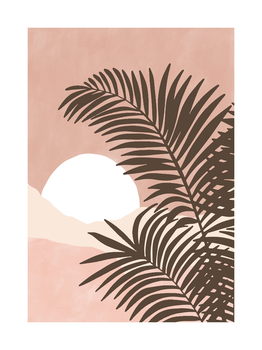 Grafische Illustration mit braunen Palmenblättern vor einer untergehenden Sonne und einem rosa Himmel.