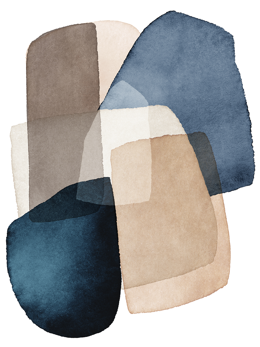 Aquarell-Illustration mit überlappenden Formen in Blau und Beige.