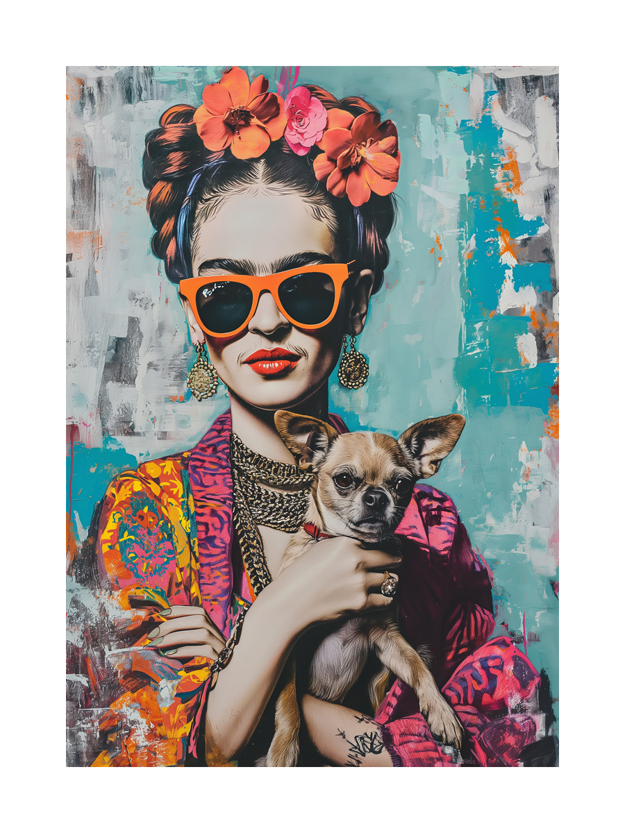 Poster einer Frau mit orangefarbener Sonnenbrille und Chihuahua vor türkisfarbenem Hintergrund.