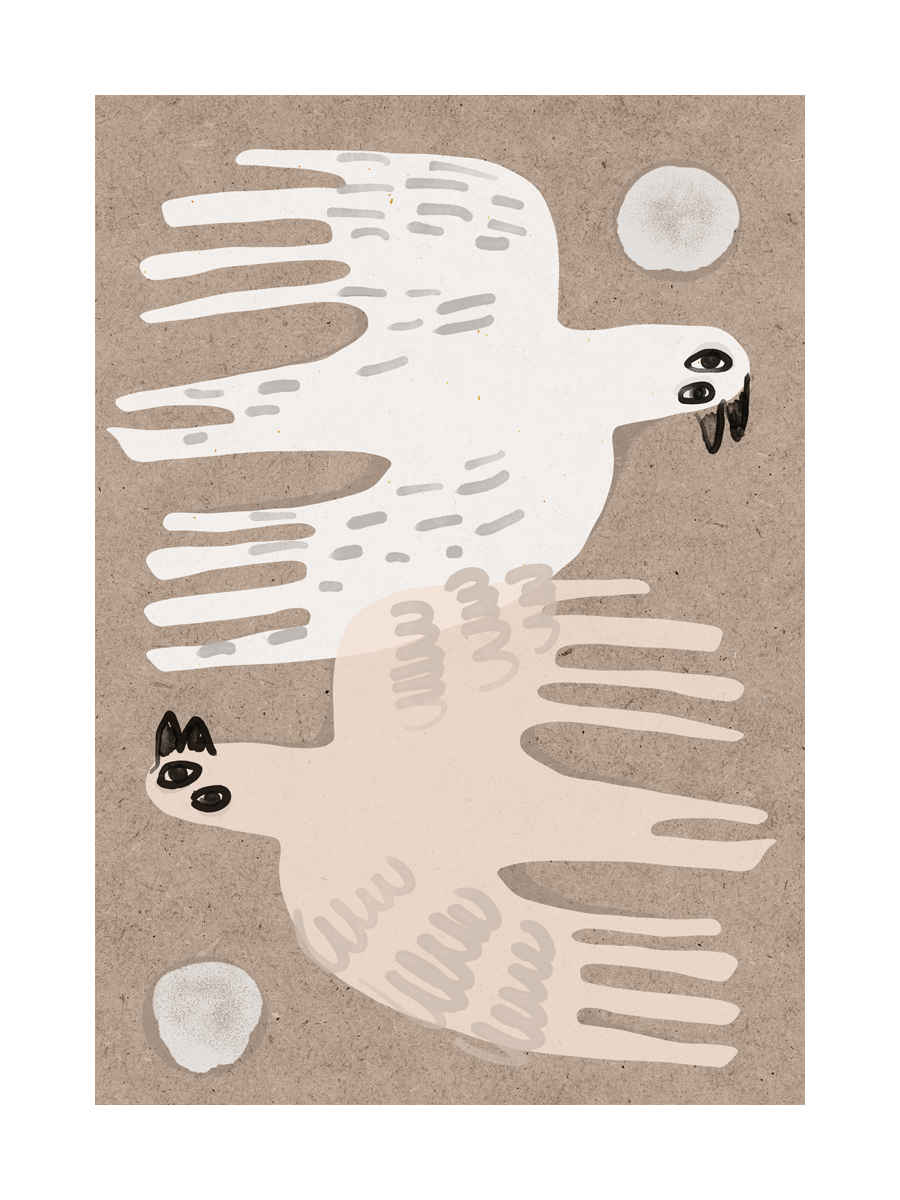 Grafische Illustration von zwei fliegenden Vögeln vor einem braunen Hintergrund.