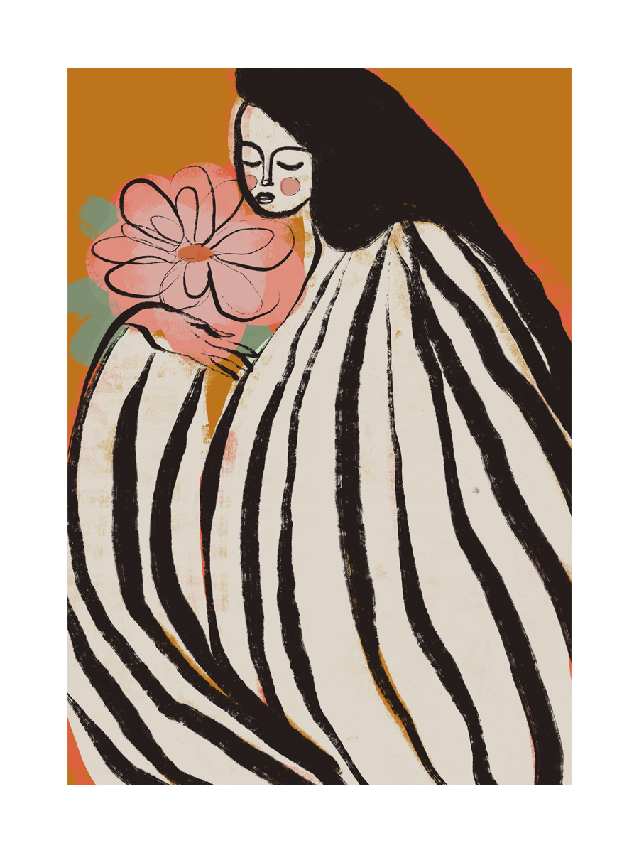 Illustration einer Frau in einem schwarz-weiß gestreiften Kleid mit einer rosa Blume vor einem orangefarbenen Hintergrund.