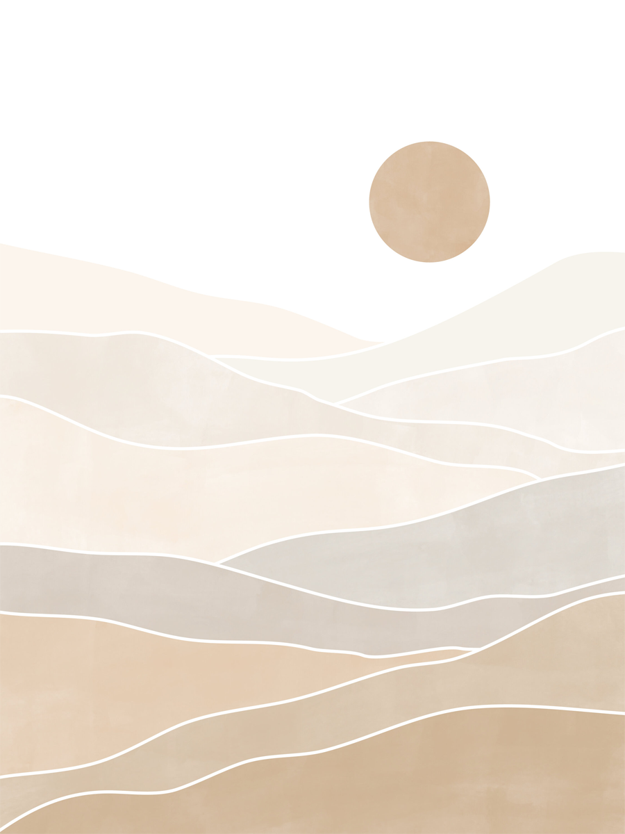 Grafische Illustration einer abstrakten Landschaft mit brauner Sonne und beigen Hügeln.