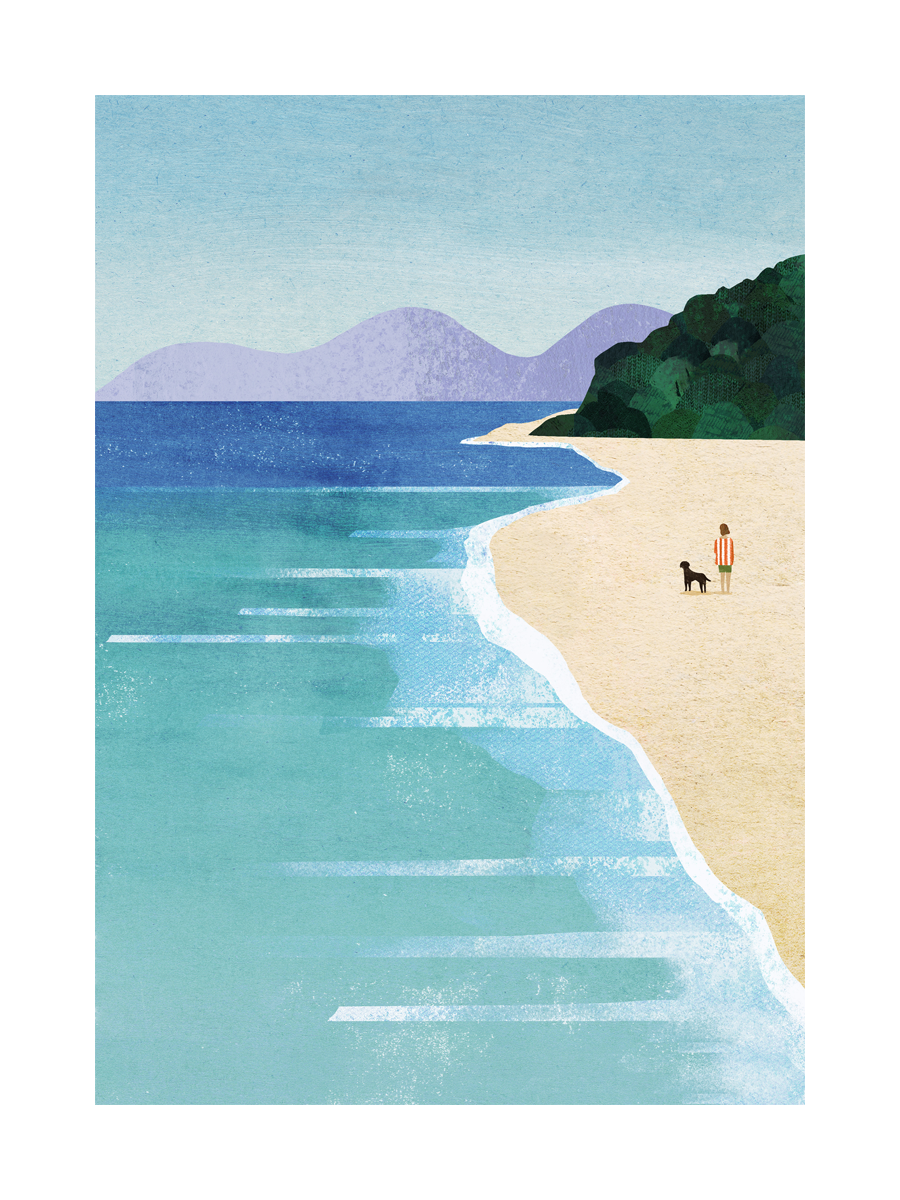 Illustration eines Strandes mit einem Paar und einem Hund, Berge im Hintergrund.