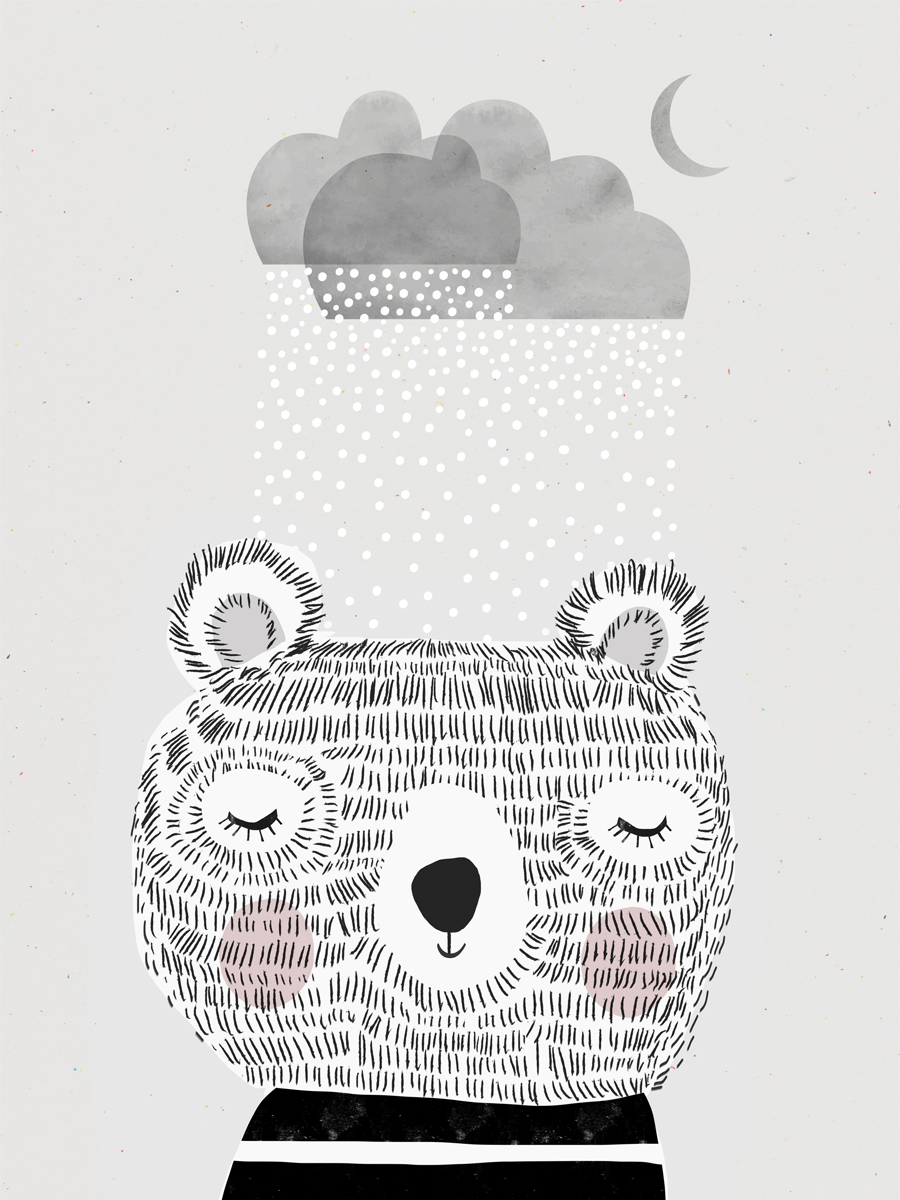 Illustration eines schlafenden Bären, der von Regen und Mondschein träumt.