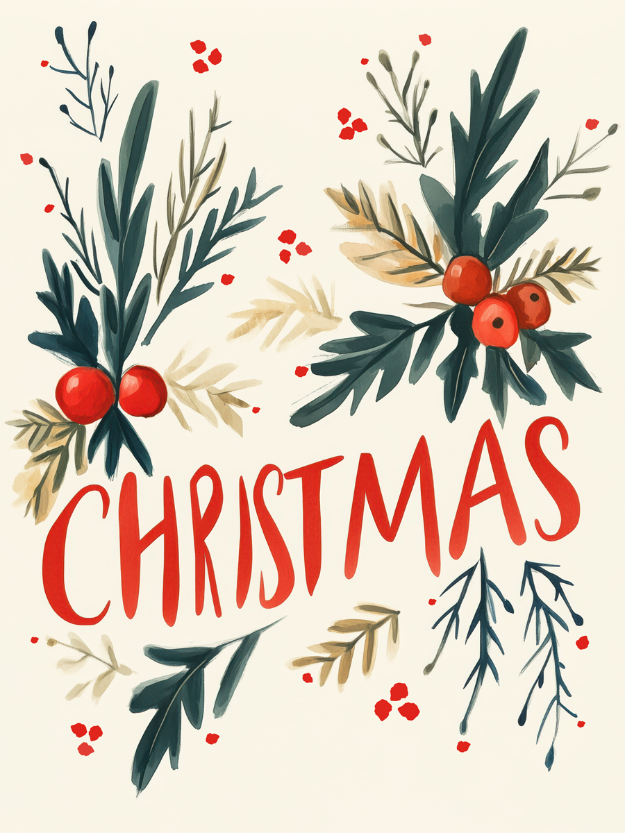 Poster mit dem Wort "Christmas" in Rot, umgeben von grünen Blättern und roten Beeren auf beigem Hintergrund.