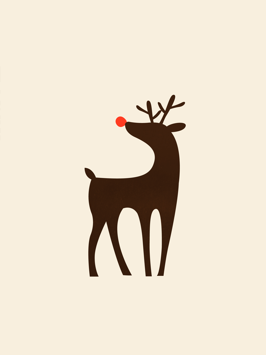 Illustration eines Rentiers mit roter Nase auf beigefarbenem Hintergrund.