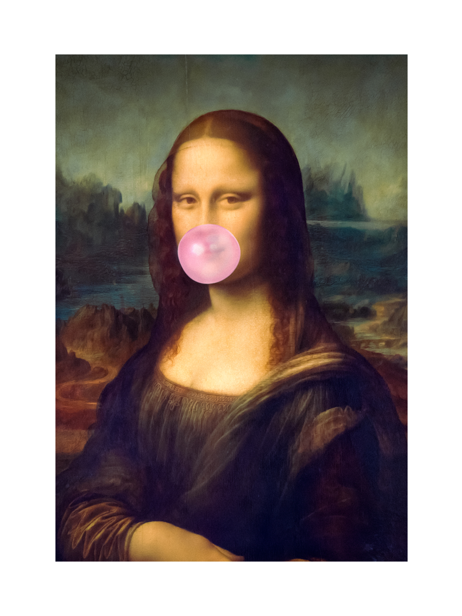 Mona Lisa mit einer pinken Kaugummiblase.