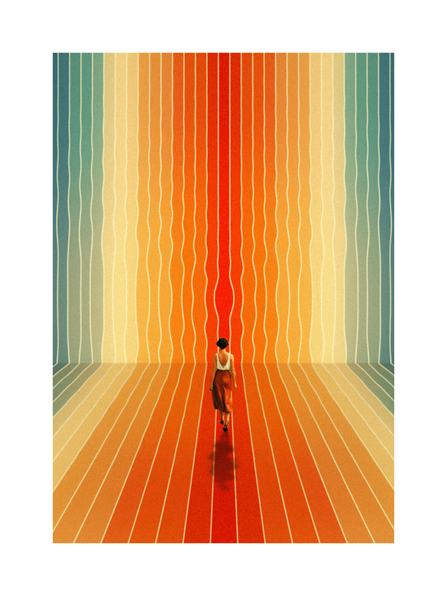 Grafische Illustration einer Frau, die auf einen bunten Wasserfall in Rot, Orange, Gelb und Blau zugeht.