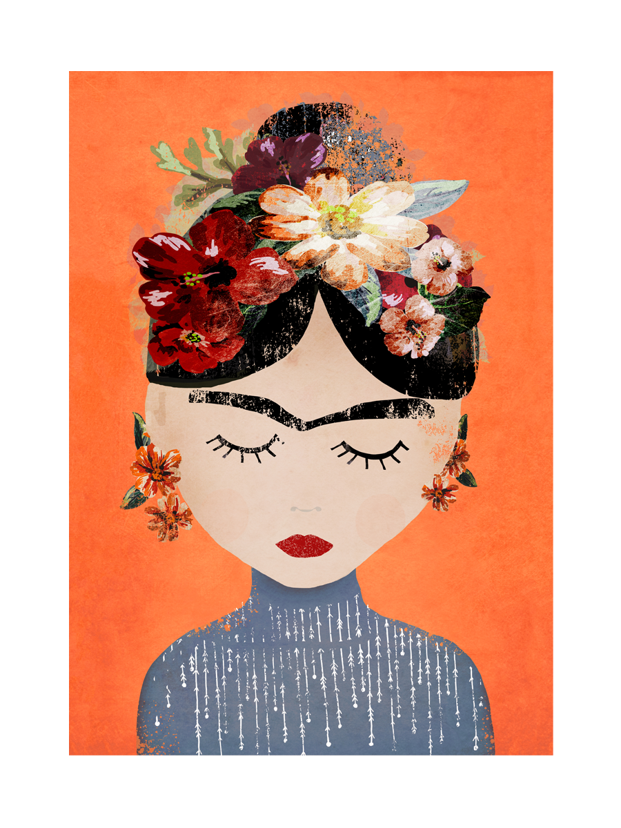 Illustration einer Frau mit Blumen im Haar vor einem orangefarbenen Hintergrund.