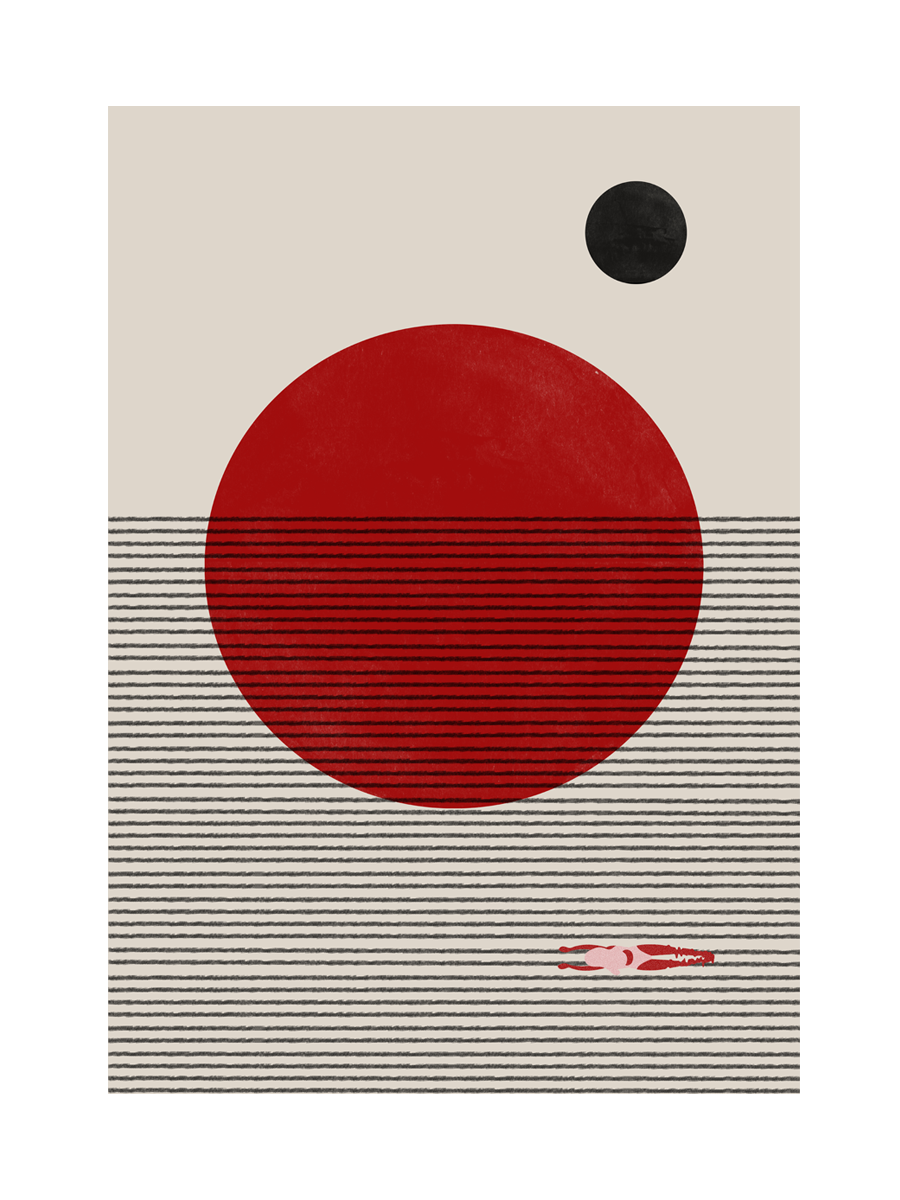 Grafische Illustration mit einem großen roten Kreis, einem kleinen schwarzen Kreis und einem Schwimmer auf beigem Hintergrund.