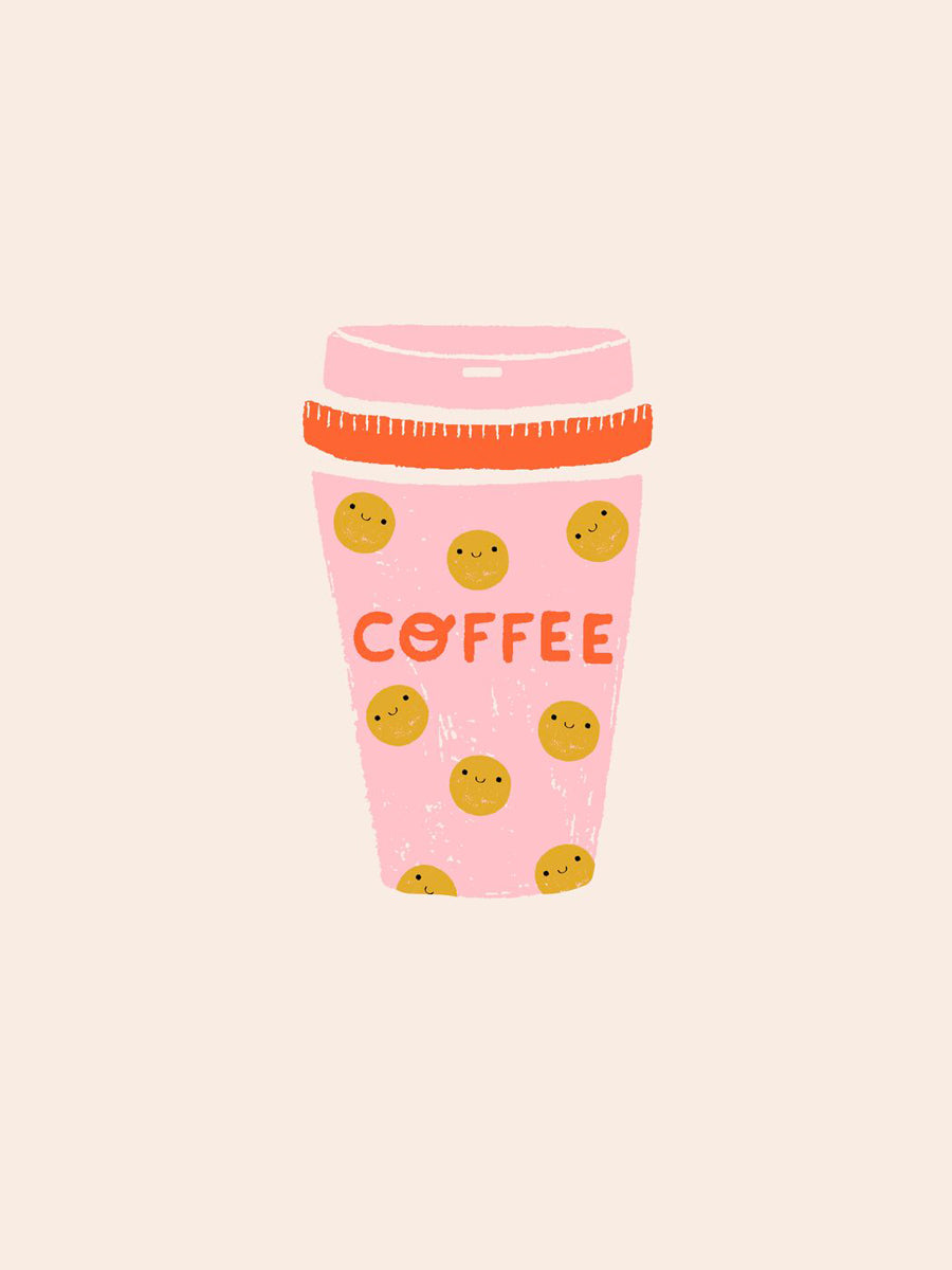 Illustration eines rosa Kaffeebechers mit gelben Punkten vor einem beigen Hintergrund.