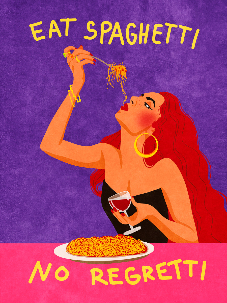 Illustration einer Frau mit roten Haaren, die Spaghetti isst, mit dem Text "Eat Spaghetti No Regretti" auf violettem Hintergrund.