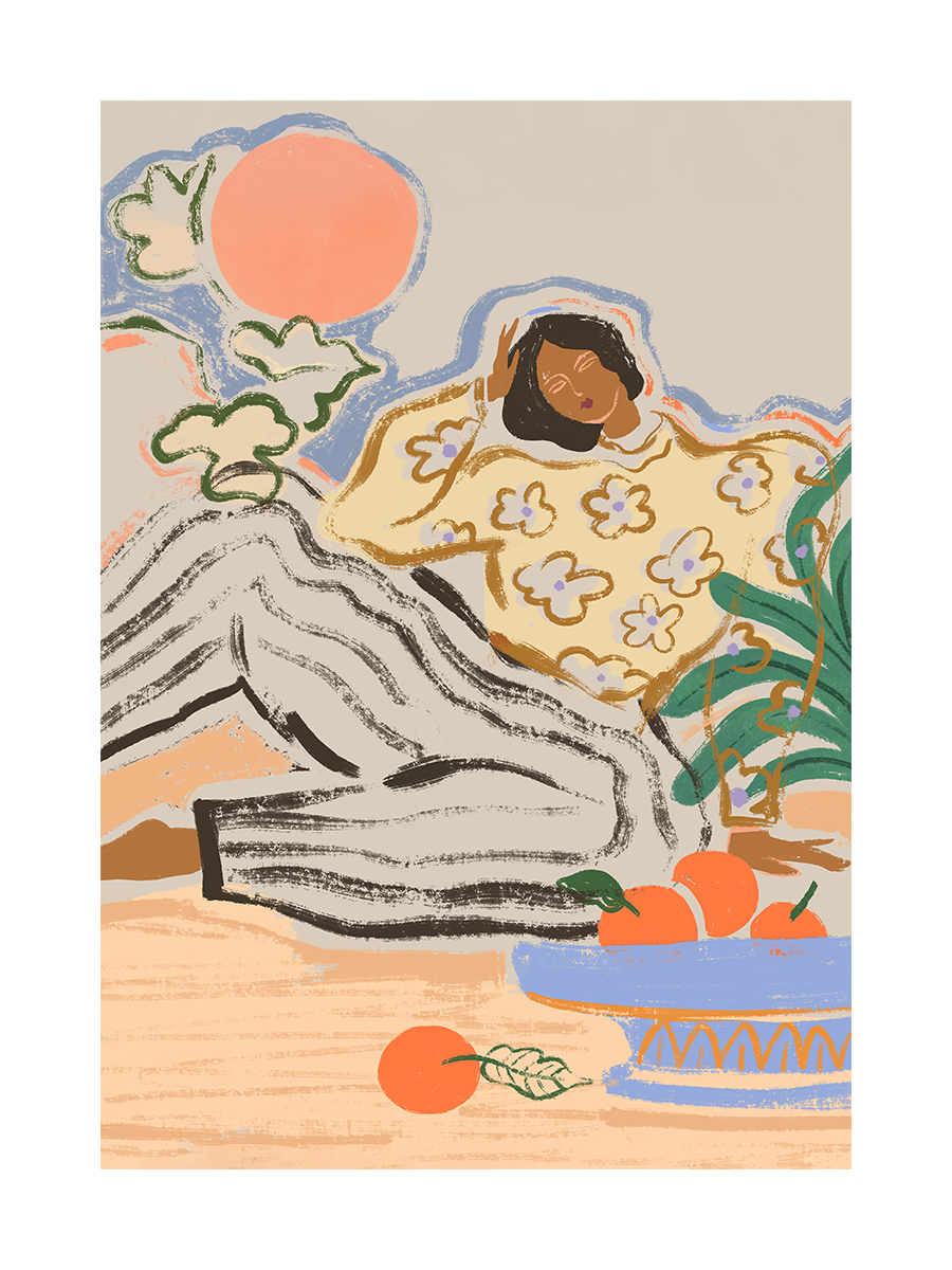 Illustration einer Frau in gelbem Oberteil mit Blumen und gestreiften Hosen, sitzend neben einer Schale mit Orangen.