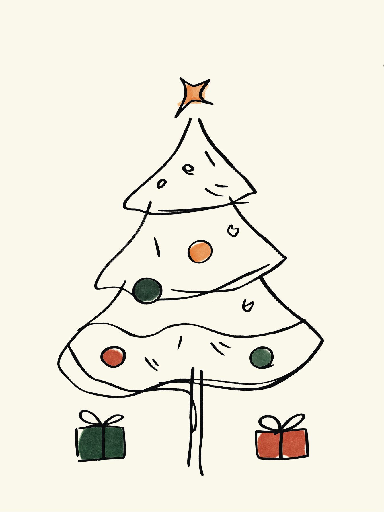 Minimalistisches Poster eines geschmückten Weihnachtsbaums mit Geschenken auf beigem Hintergrund.