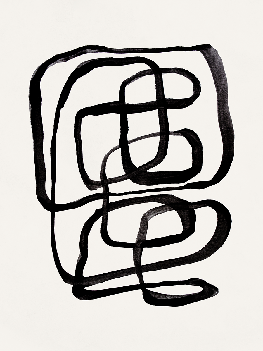 Abstraktes Poster mit einem schwarzen Labyrinth auf weißem Grund, gemalt mit einem Pinsel.