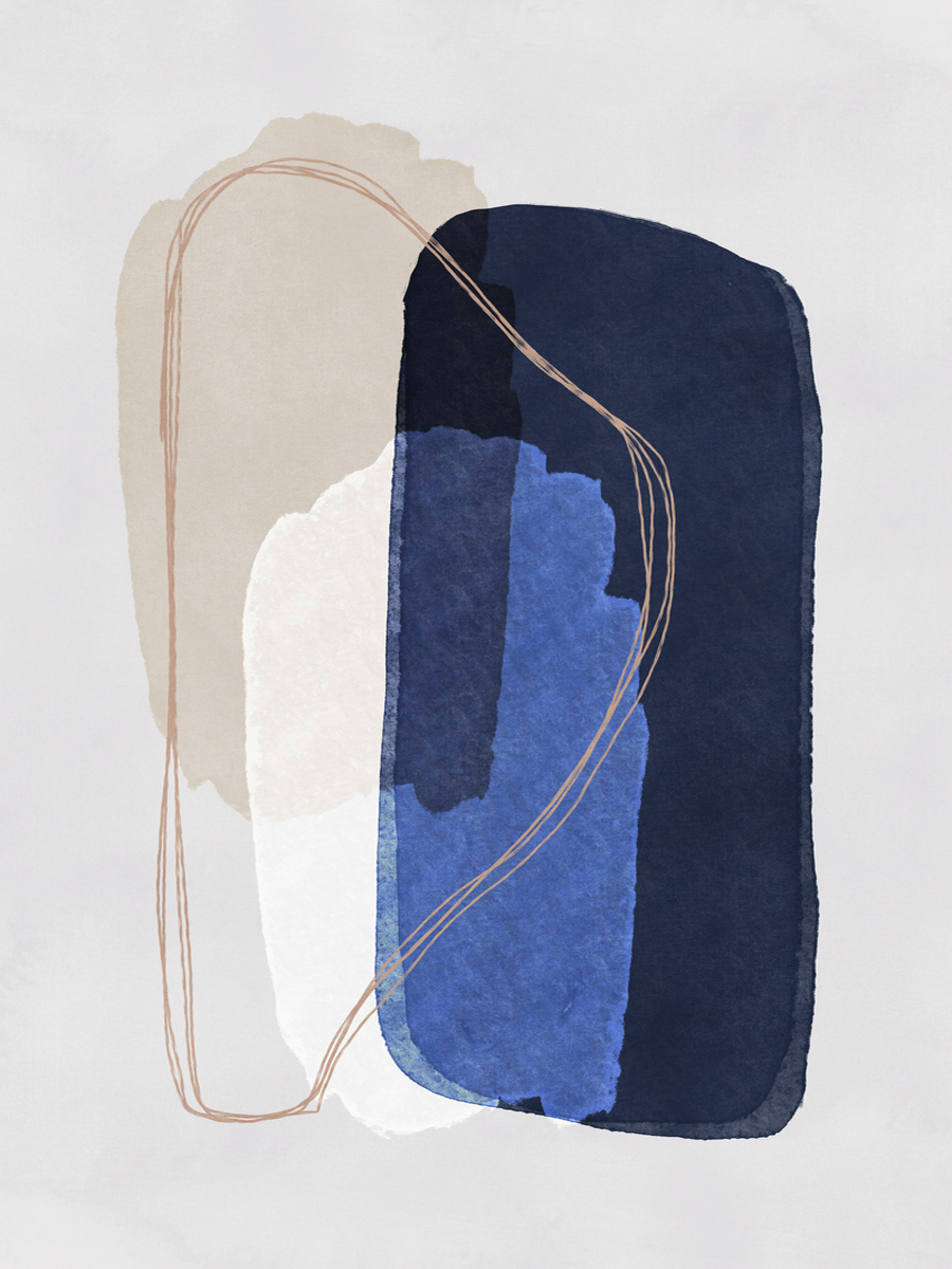 Illustration mit abstrakten Farbflächen in Blau, Beige und Weiß auf grauem Hintergrund.