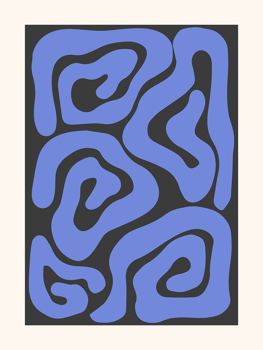 Abstraktes Poster mit blauen Linien auf schwarzem Hintergrund.