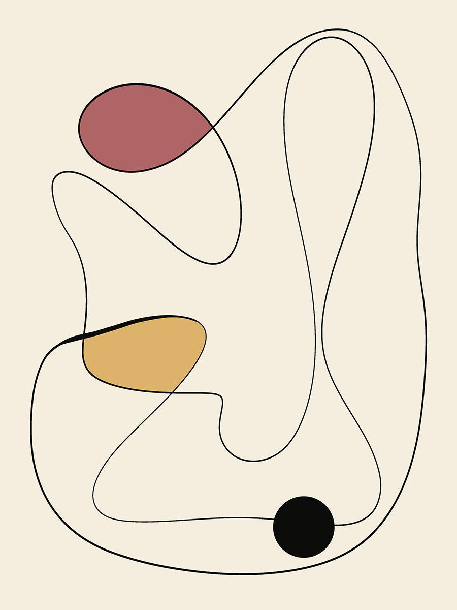 Grafische Illustration mit Linien und Formen in Schwarz und Gelb auf beigem Hintergrund.