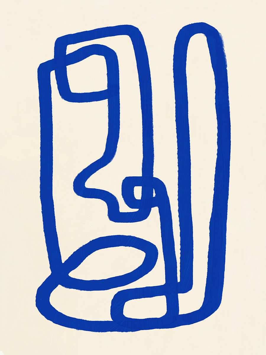 Abstrakte Line-Art von zwei Gesichtern in Blau auf beigem Hintergrund.