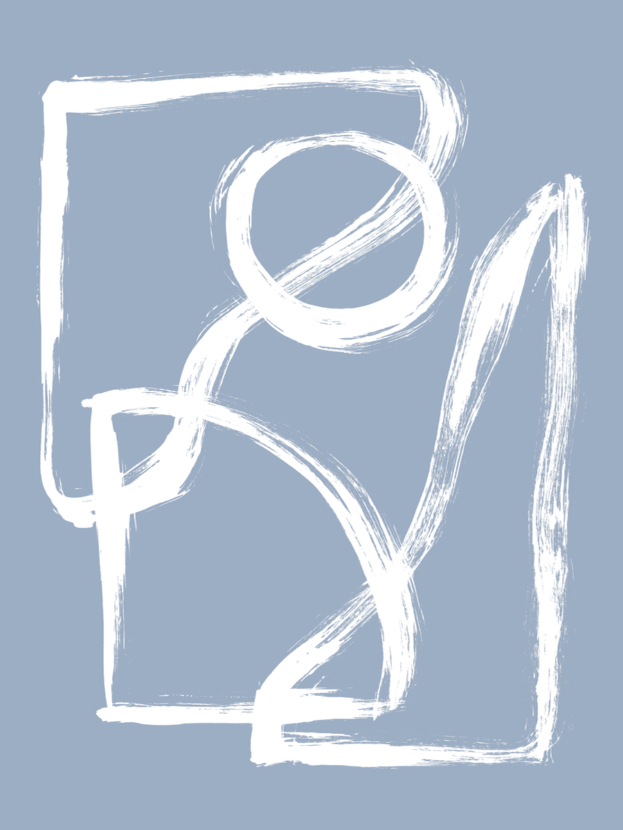 Abstrakte weiße Linien auf blauem Hintergrund, die eine Figur umreißen.