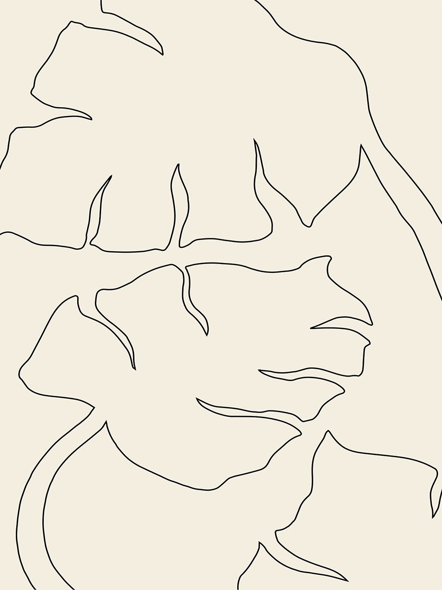 Illustration mit abstrakten Blumen in Schwarz auf beigem Hintergrund.