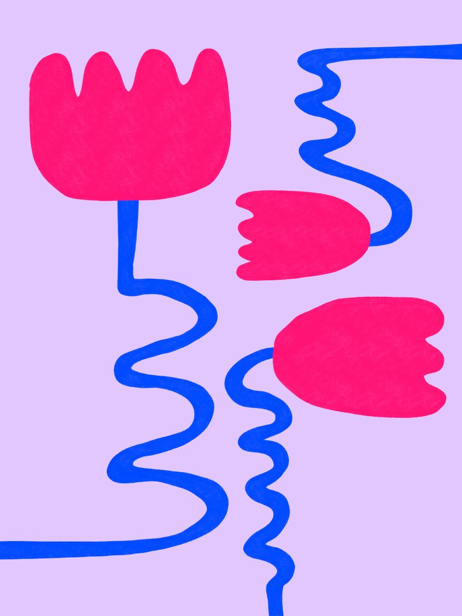 Abstrakte rosa Blumen mit blauen Stielen auf hellviolettem Hintergrund.