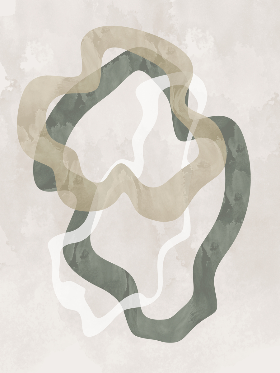 Grafische Illustration mit abstrakten Linien in Beige, Weiß und Grün auf hellgrauem Hintergrund.