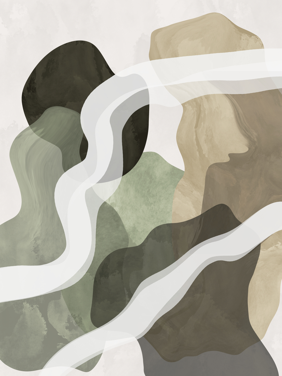 Abstrakte Formen in Grün und Beige mit weißen Linien auf hellgrauem Hintergrund.