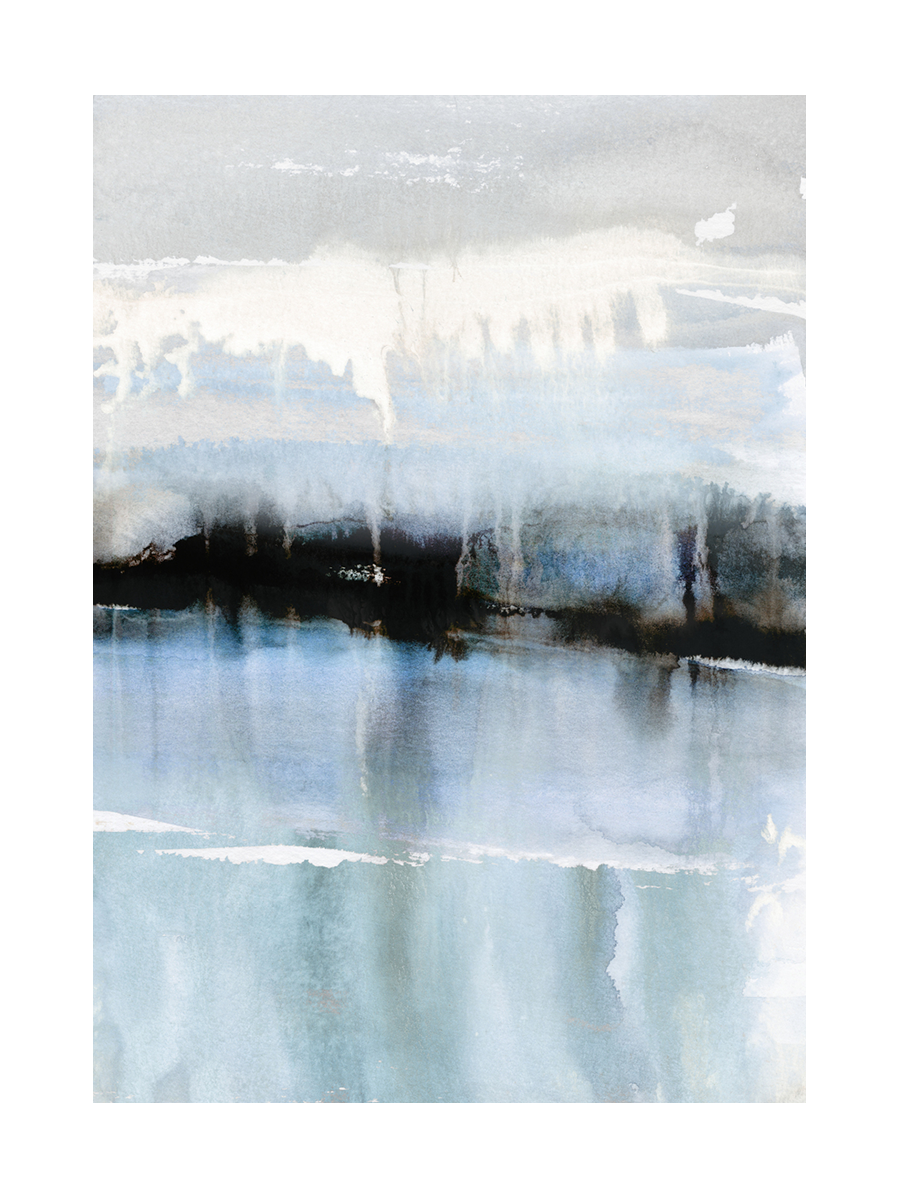 Abstraktes Aquarellposter in Blau und Weiß mit einem ruhigen See und einem bewölkten Himmel.