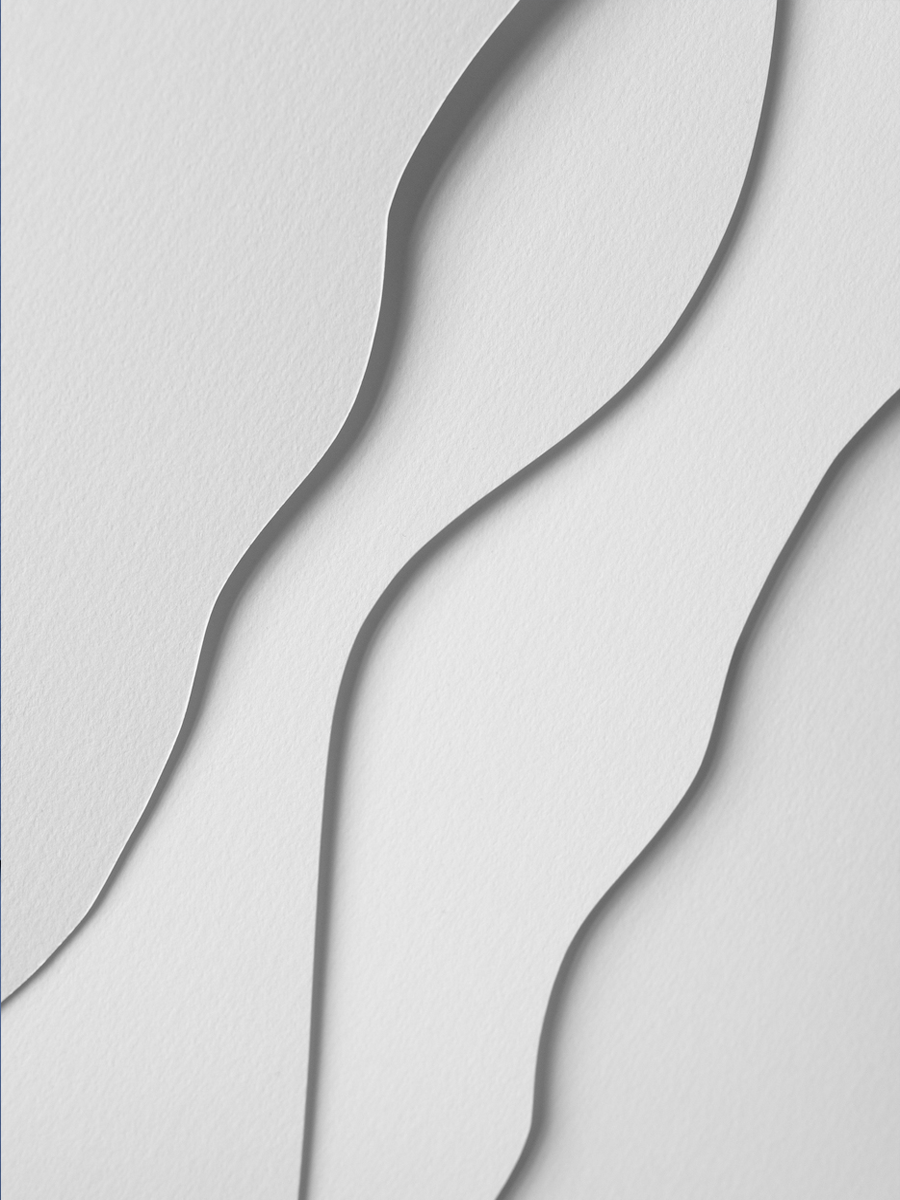 Minimalistische Darstellung von wellenförmigen Papierstrukturen in Weiß.