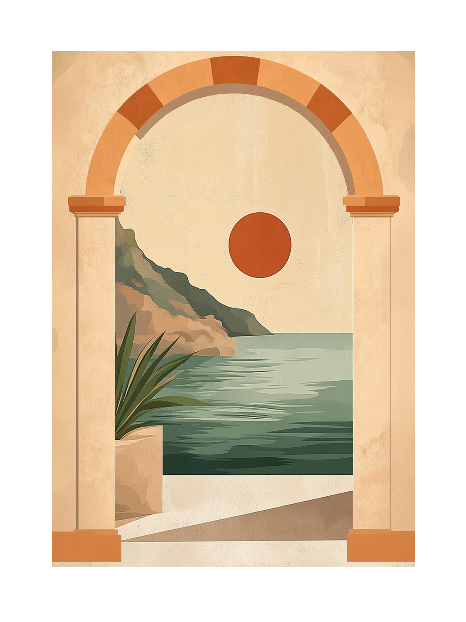 Grafische Illustration eines Bogens mit Blick auf das Meer und die orangefarbene Sonne.