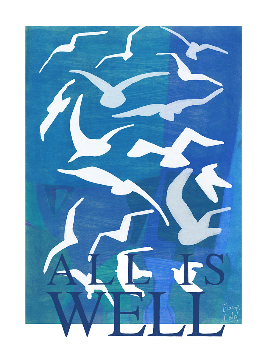 Weiße Vögel auf blauem Hintergrund mit dem Text "All is well".