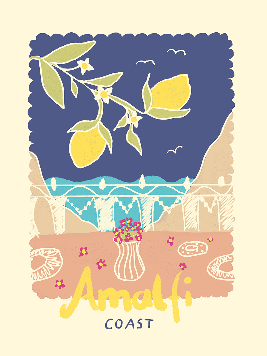 Grafische Illustration von Zitronen und der Amalfiküste im Hintergrund.