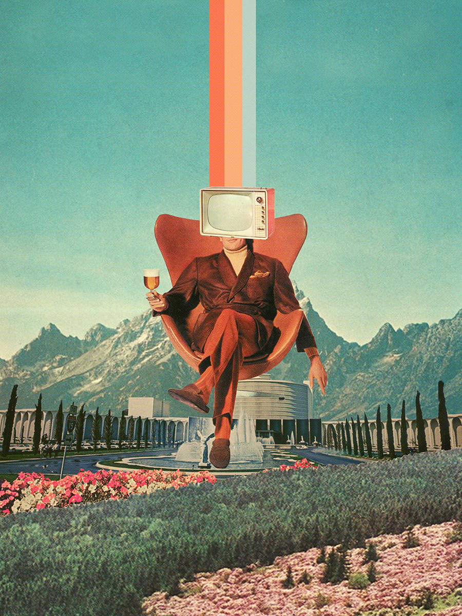 Illustration einer Person mit Fernseher als Kopf auf einem roten Stuhl vor Bergen und Blumengarten.