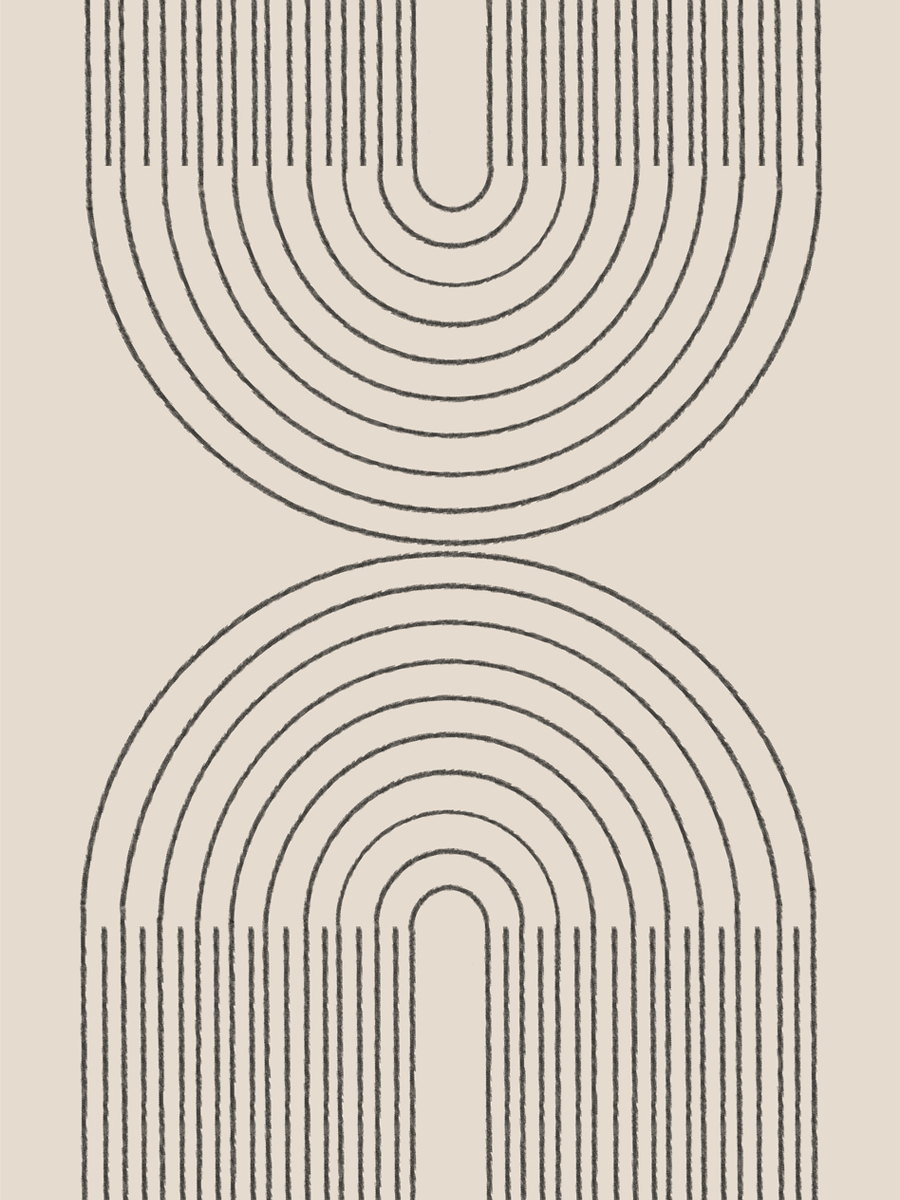 Grafische Illustration mit zwei Halbkreisen und Linien in Schwarz auf beigem Hintergrund.