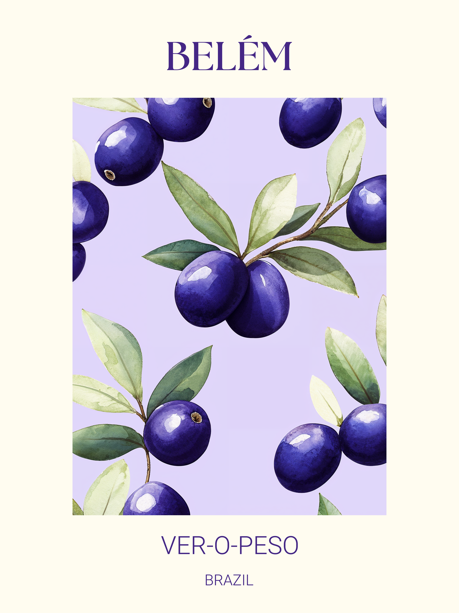Poster von Açaí-Beeren mit dem Text "Belém Ver-o-Peso Brazil" auf lila Hintergrund.