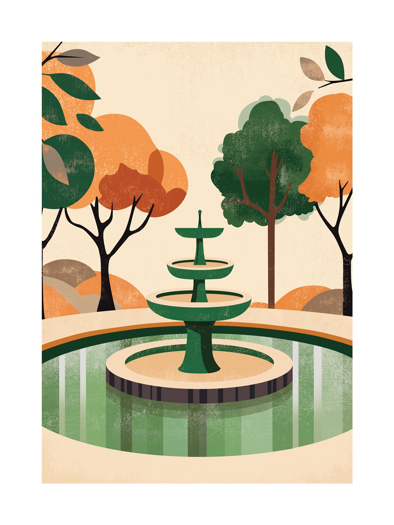 Grafische Illustration eines grünen Brunnens mit orangefarbenen und grünen Bäumen auf beigem Hintergrund.