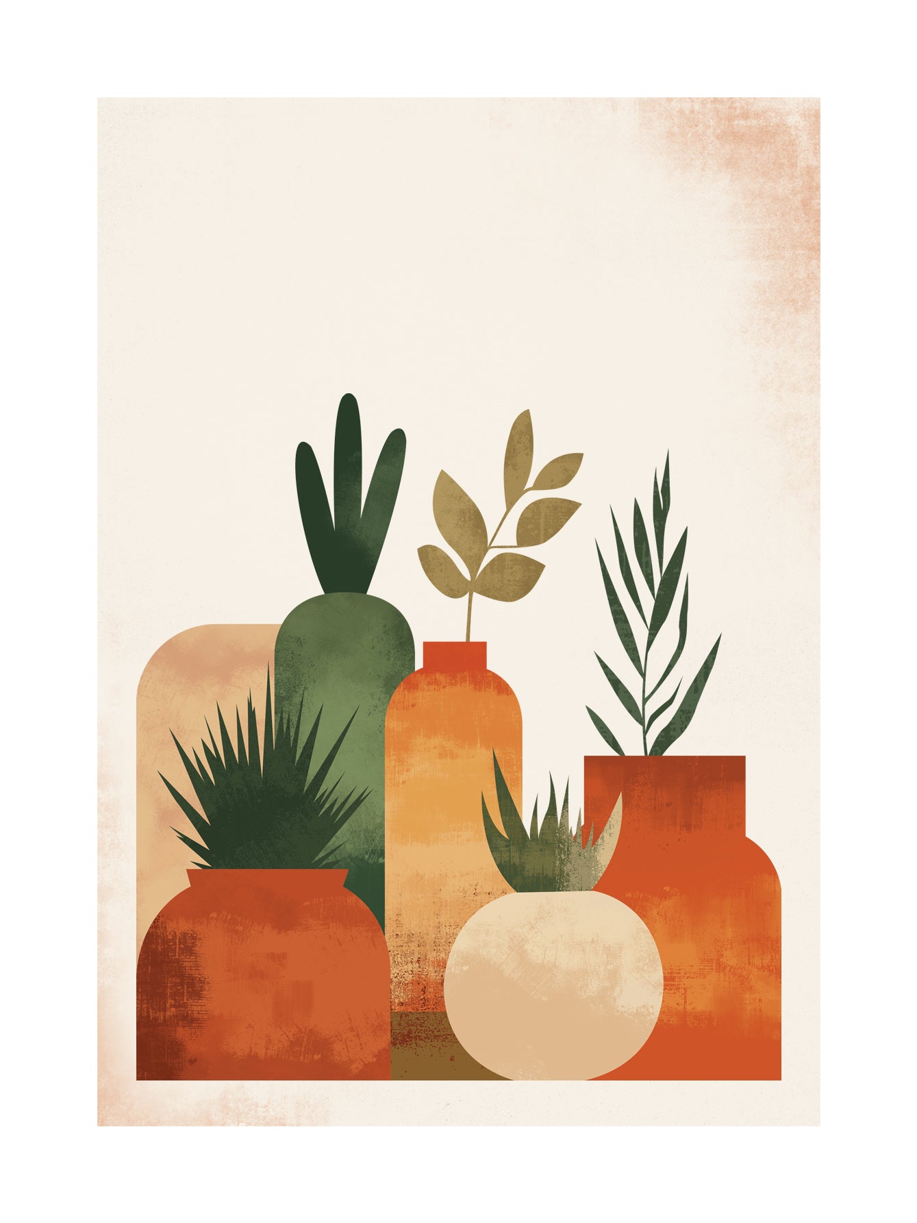 Grafische Illustration von Pflanzen in orangefarbenen Vasen auf hellbeigem Hintergrund.