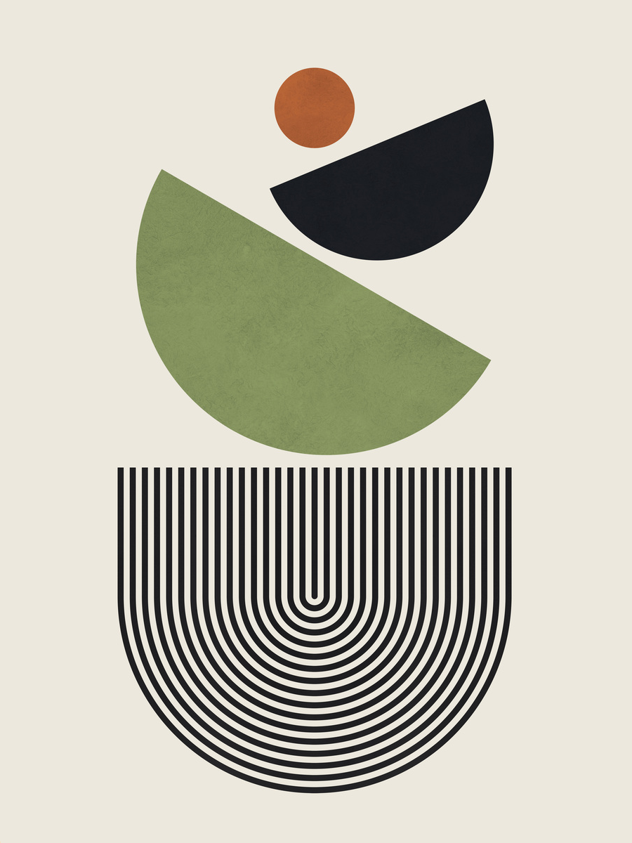 Grafik mit geometrischen Formen in Grün, Schwarz und Orange auf beigem Hintergrund.