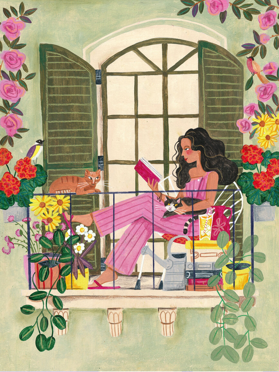 Illustration einer Frau, die auf einem Balkon zwischen Blumen sitzt und ein Buch liest, mit zwei Katzen.