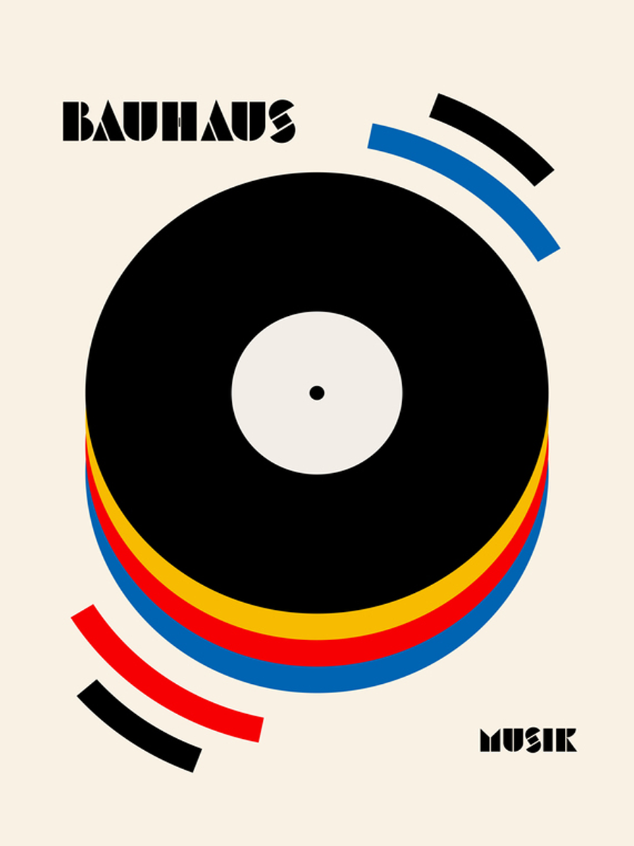 Grafikposter mit einer Schallplatte in Schwarz, Rot, Gelb und Blau auf beigem Hintergrund, mit dem Text Bauhaus Musik.
