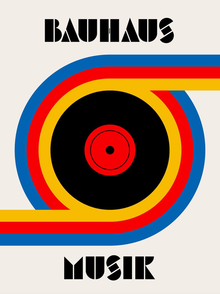 Grafikposter mit dem Text Bauhaus Musik und einer Schallplatte mit blauen, roten und gelben Linien auf beigem Hintergrund.