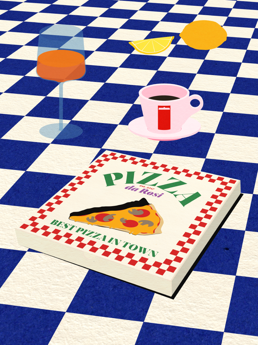 Poster mit einer Pizza-Schachtel und Getränken auf einem blau-weiß karierten Tisch.