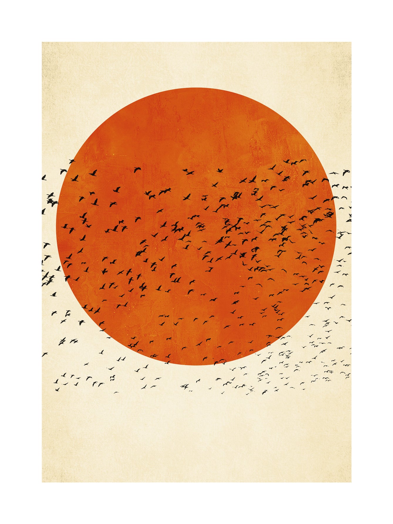Grafische Illustration mit einem Vogelschwarm vor einem orangefarbenen Kreis auf beigem Hintergrund.